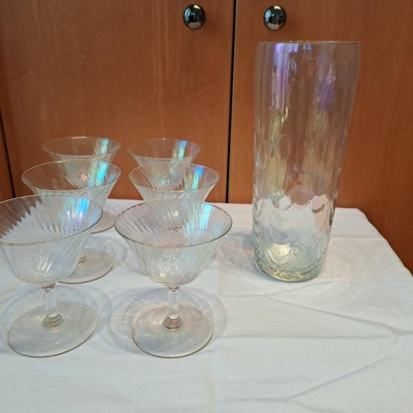 Vintage Mid-Century Rainbow Swirl Iridescent Cocktail Glasses and Pitcher - Picture 2 of 2